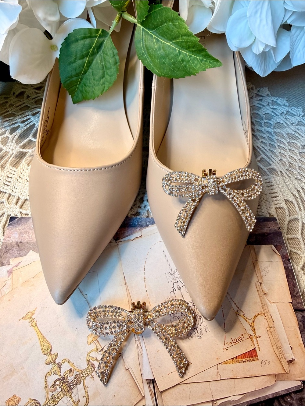 Gold Tone Rhinestone Bow Shoe Clips – Sparkly Bridal Wedding Shoe Accessories